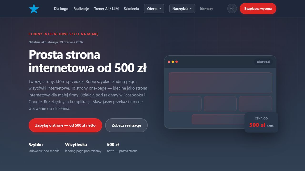 takastro.pl — strona główna, realizacja bez CMS z narzędziami AI